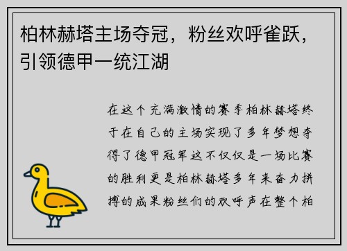 柏林赫塔主场夺冠，粉丝欢呼雀跃，引领德甲一统江湖